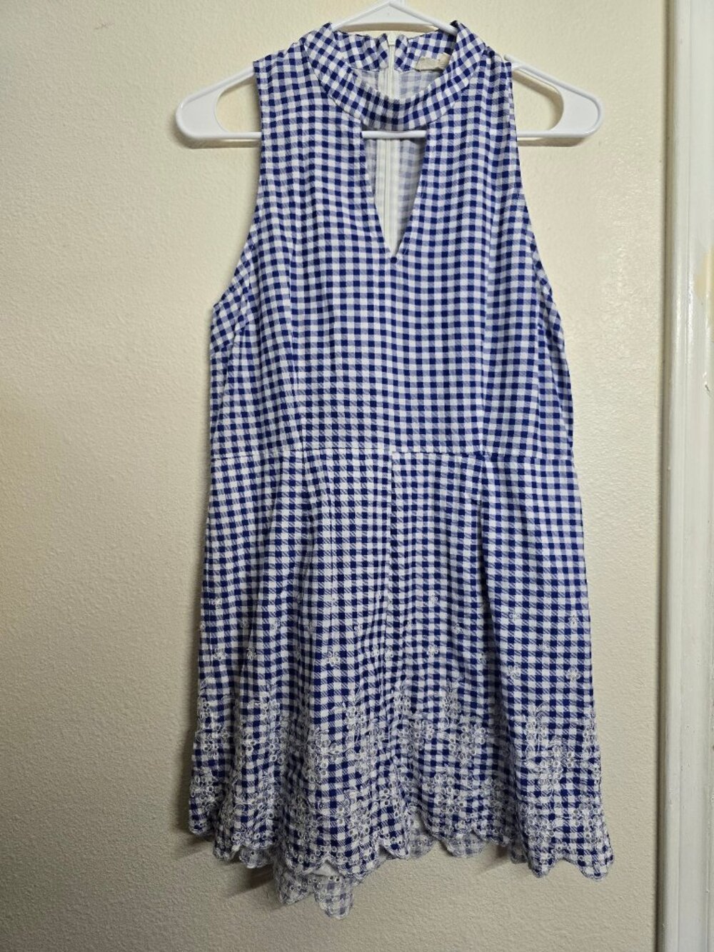 entro Large Blue Gingham Sleeveless Top Embroidered Hem Romper